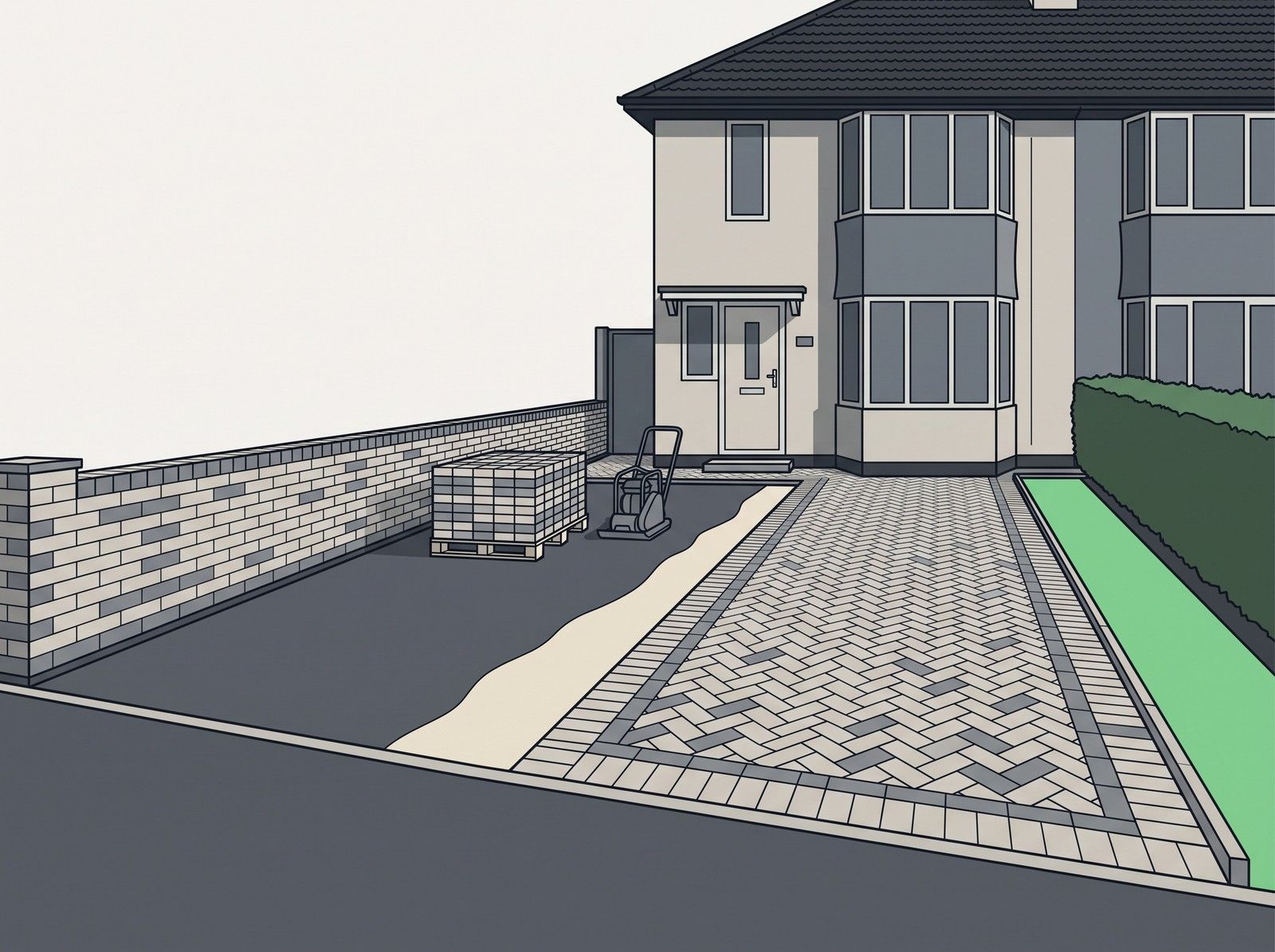 A new block paved driveway being laid in front of a semi-detached house, with a pallet of paving blocks and a plate compactor on the half-finished drive